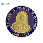 Custom School Crest Enamel Pin – Gold Metal Badge with Green & Purple Design - Image 3