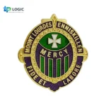 Custom School Crest Enamel Pin – Gold Metal Badge with Green & Purple Design