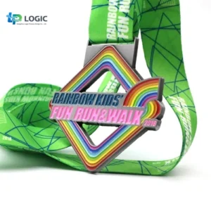 Custom kids fun run medal with rainbow enamel design and green ribbon