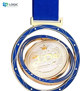 Custom 3D spinner marathon medal with blue ribbon