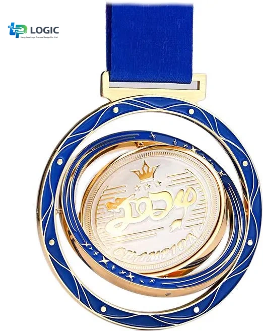 Custom Medals - 3D Medals0033 Custom Rotating Spinner Medal with Blue Ribbon – 3D Spinning Marathon Award Medal - Image 1