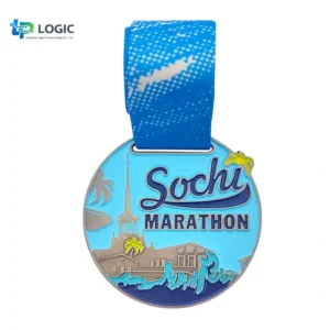 Custom marathon medal with colorful city skyline and blue ribbon