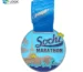 Custom marathon medal with colorful city skyline and blue ribbon