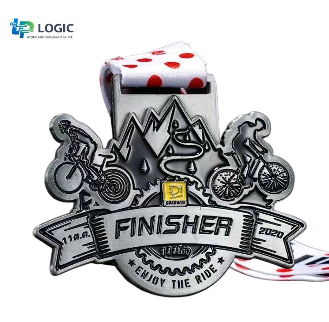 Custom Medals - 3D Medals0041 Custom Cycling Finisher Medal with Polka Dot Ribbon – Bike Race Award Medal - Image 1