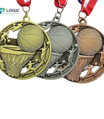 Custom basketball medal set in gold silver and bronze finishes
