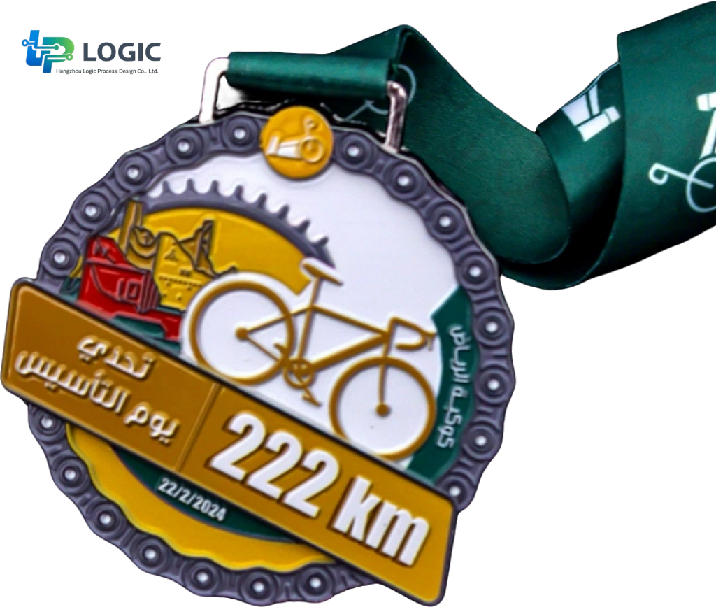 Custom Medals - 3D Medals0050 Custom 222 km Cycling Medal with Green Ribbon – Endurance Ride Award - Image 1