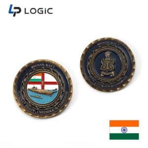 Custom antique challenge coin with 3D emblem and blue enamel