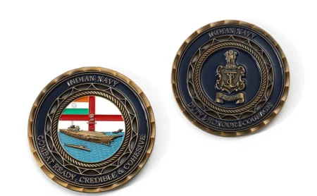 Custom antique challenge coin with 3D emblem and blue enamel